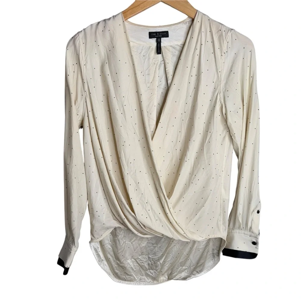 rag & bone silk drape Wrap victor Blouse Long Sleeves cream black womens size xs - Picture 3 of 8
